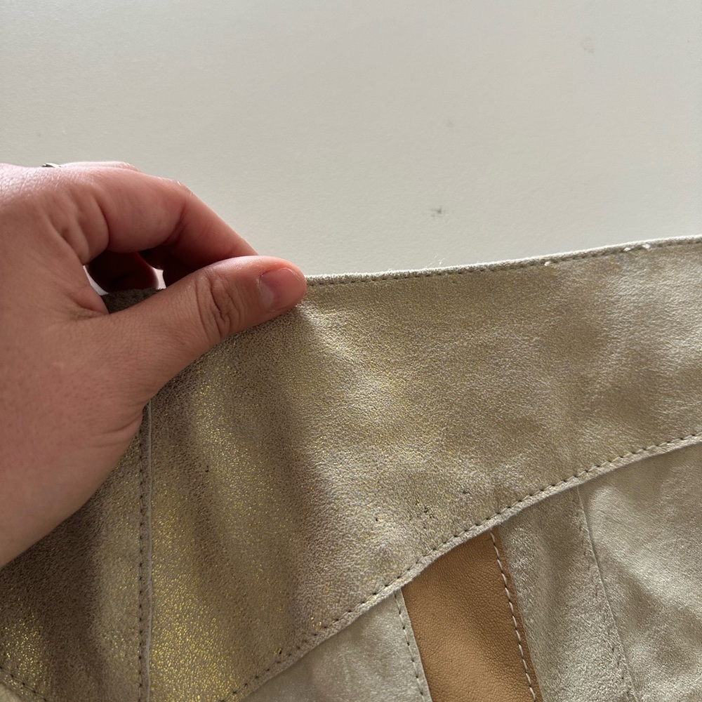 Vintage Y2K Boho Patchwork Suede Leather Cream Gold Mini Skirt 4 Brown - Picture 8 of 10